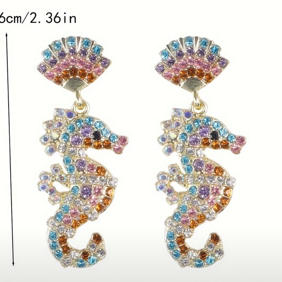 Vintage Look Seahorse-Shaped Alloy Drop Earrings Rhinestones NEW - Picture 2 of 2